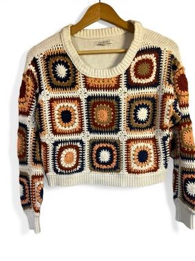Granny Square Crochet 100% Cotton Sweater Boho Festival American Eagle XS